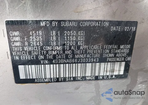 2018 Subaru Legacy 2.5I z USA, uszkodzony, nr VIN 4S3BNAB66J3033943